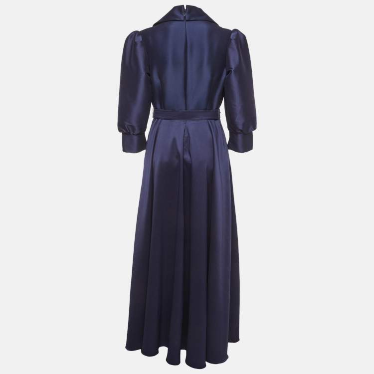 Pre Owned Badgley Mischka Navy Blue Twill Belted Collared Gown M