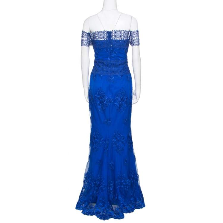 Pre Owned Badgley Mischka Cobalt Blue Floral Embroidered Tulle Embellished Gown M