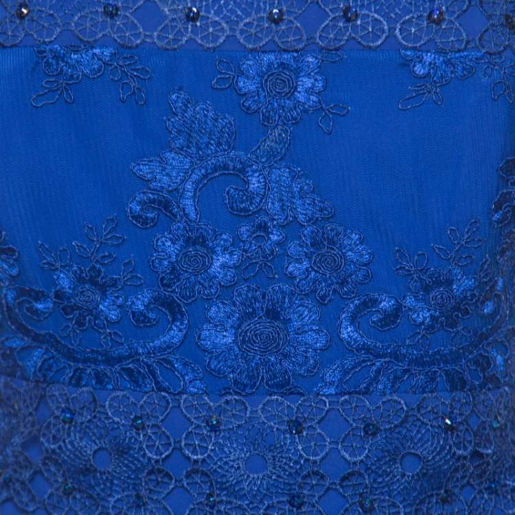 Pre Owned Badgley Mischka Cobalt Blue Floral Embroidered Tulle Embellished Gown M