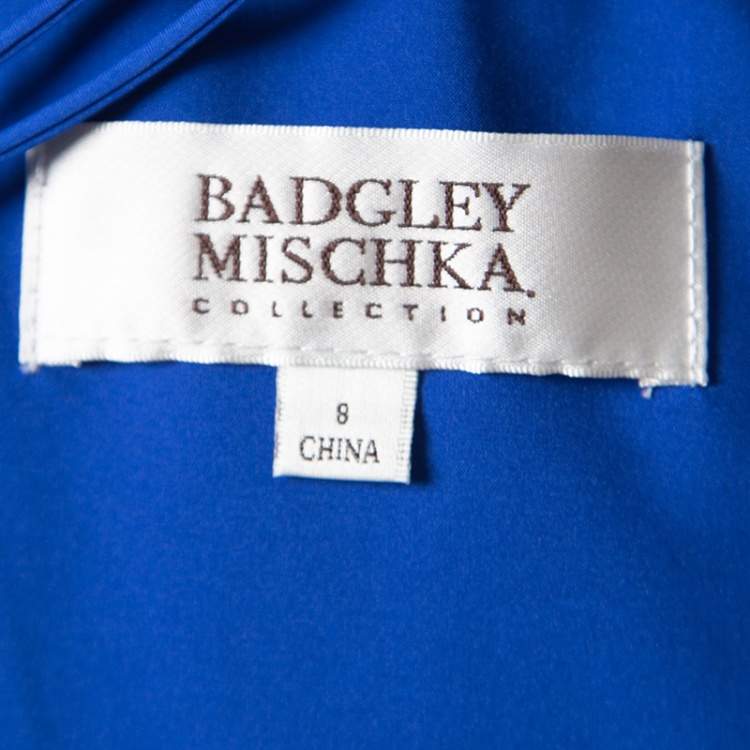 Pre Owned Badgley Mischka Cobalt Blue Floral Embroidered Tulle Embellished Gown M