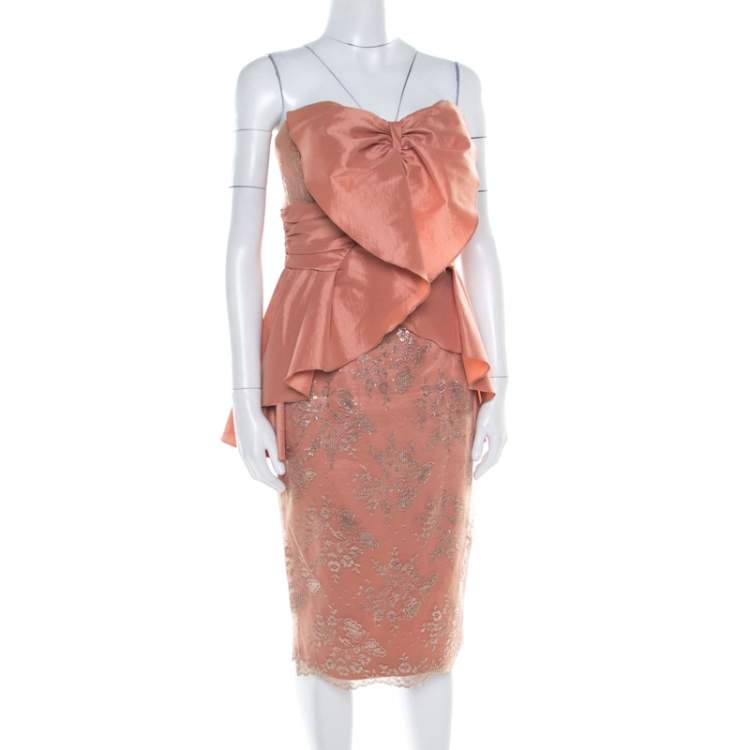 Pre Owned Badgley Mischka Collection Copper Metallic Lace Overlay Strapless Kimono Dress L