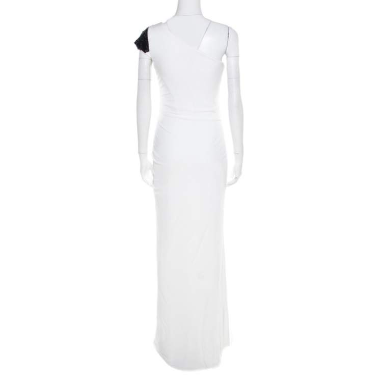 Pre Owned Badgley Mischka Collection White Ruched Knit Contrast Embellished One Shoulder Gown L