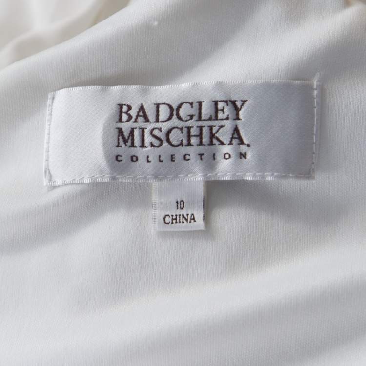 Pre Owned Badgley Mischka Collection White Ruched Knit Contrast Embellished One Shoulder Gown L