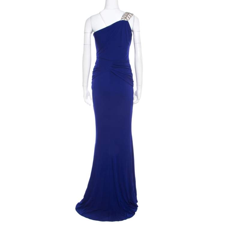 Pre Owned Badgley Mischka Collection Blue Knit Embellished One Shoulder Gown S