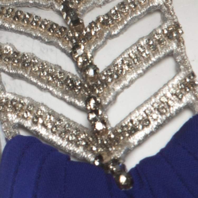 Pre Owned Badgley Mischka Collection Blue Knit Embellished One Shoulder Gown S