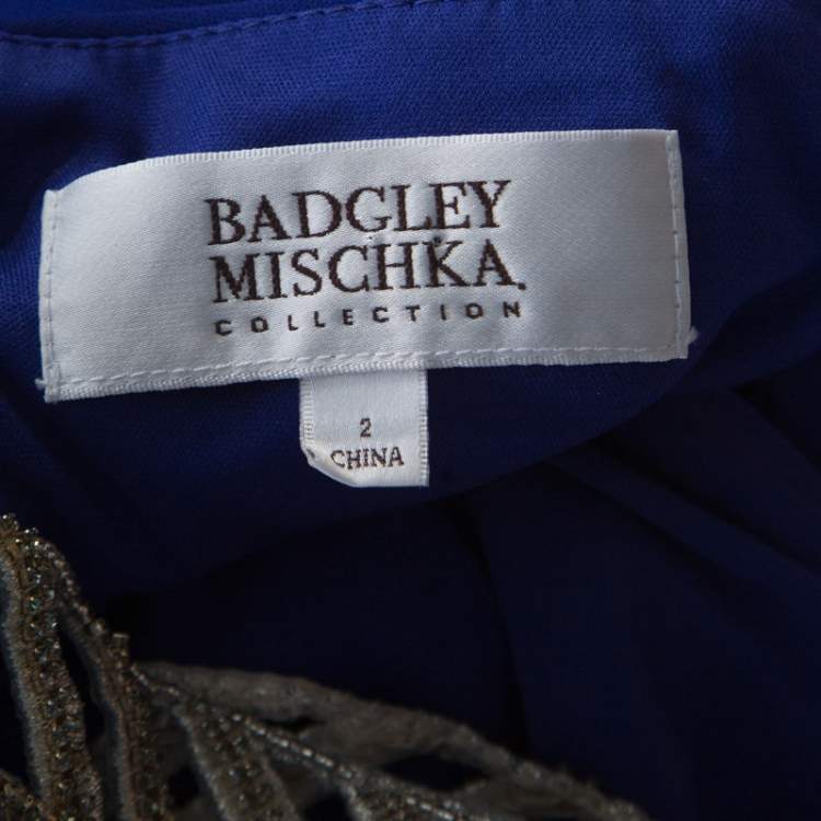 Pre Owned Badgley Mischka Collection Blue Knit Embellished One Shoulder Gown S