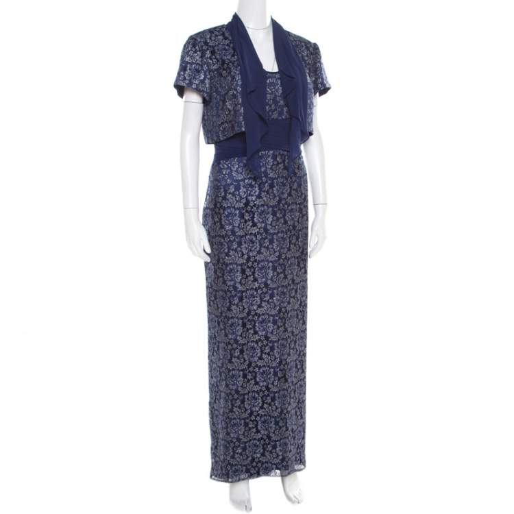 Pre Owned Badgley Mischka Blue Floral Metallic Lace Maxi Dress and Bolero Set L
