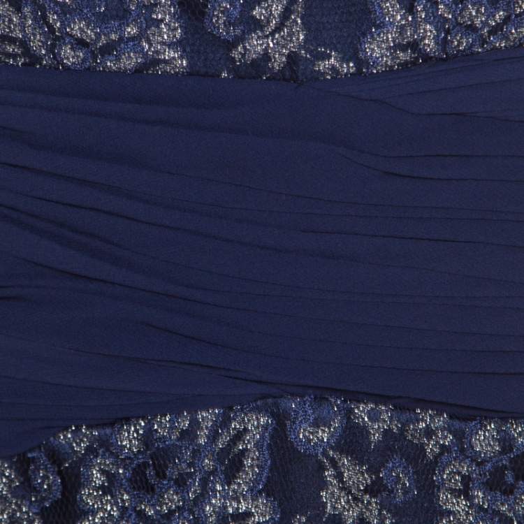 Pre Owned Badgley Mischka Blue Floral Metallic Lace Maxi Dress and Bolero Set L