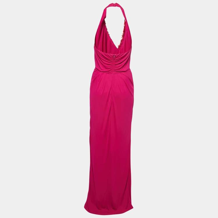 Pre Owned Badgley Mischka Pink Stretch Jersey Embellished Halter Gown M