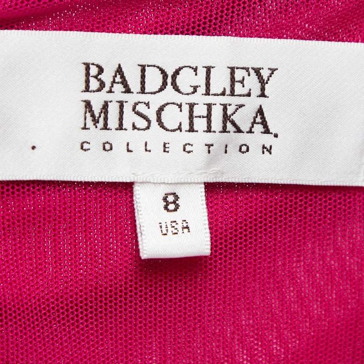 Pre Owned Badgley Mischka Pink Stretch Jersey Embellished Halter Gown M