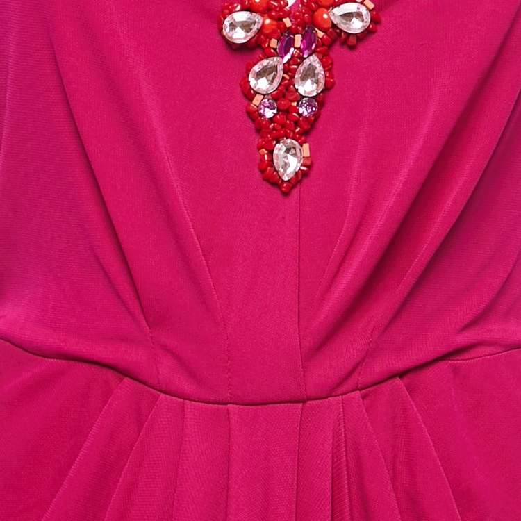Pre Owned Badgley Mischka Pink Stretch Jersey Embellished Halter Gown M