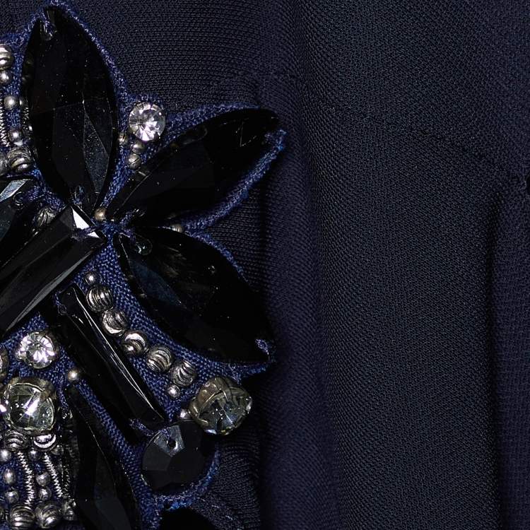 Pre Owned Badgley Mischka Navy Blue Embellished Detail Jersey Draped Mini Dress XS
