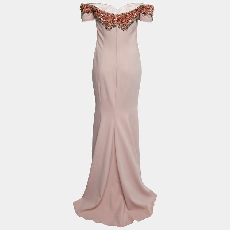 Pre Owned Badgley Mischka Light Pink Embellished Crepe Off Shoulder Gown M