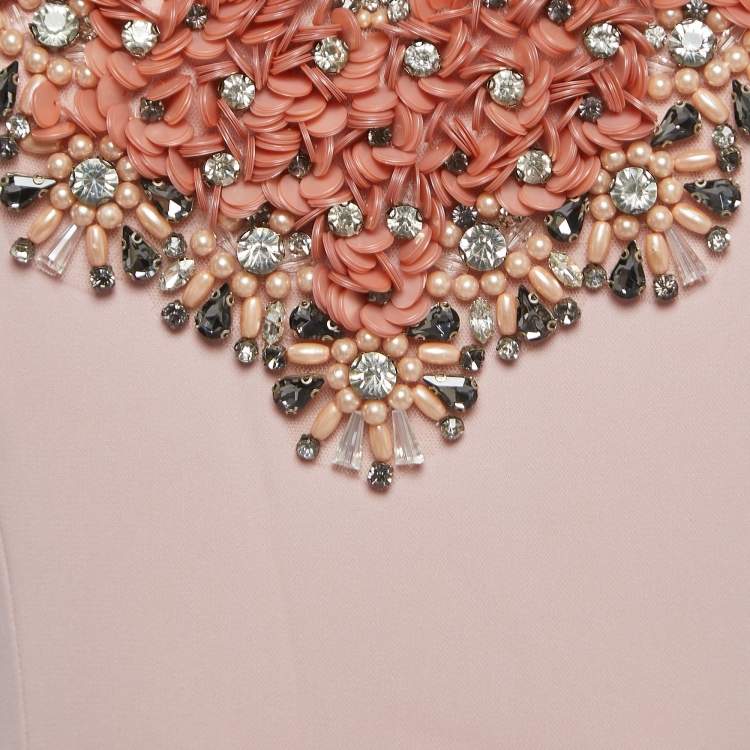 Pre Owned Badgley Mischka Light Pink Embellished Crepe Off Shoulder Gown M