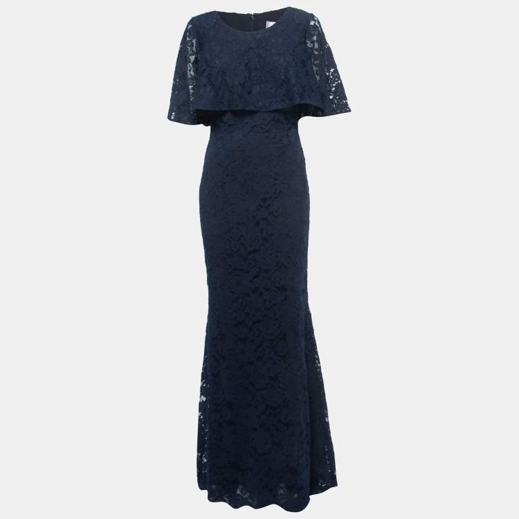 Pre Owned Badgley Mischka Navy Blue Lace Cape Gown M