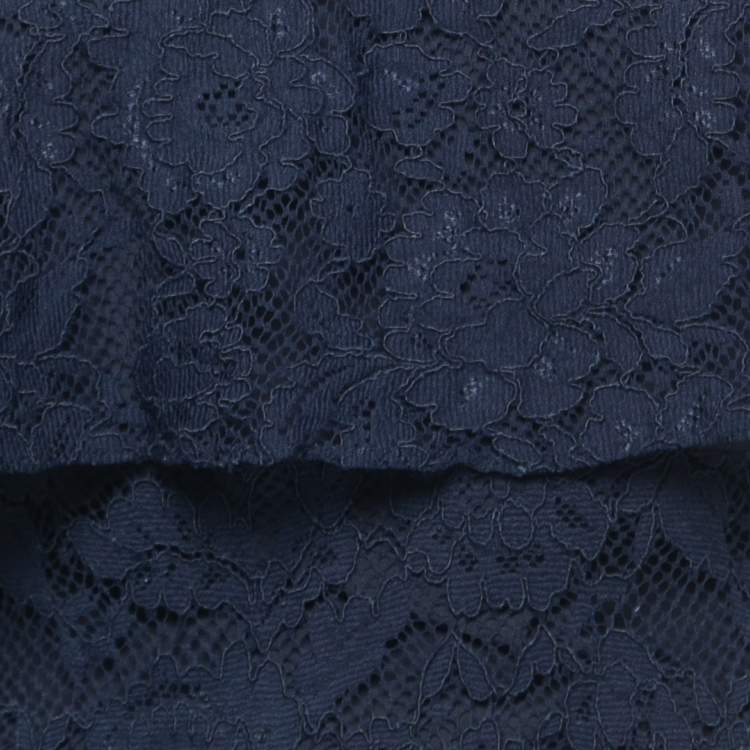 Pre Owned Badgley Mischka Navy Blue Lace Cape Gown M