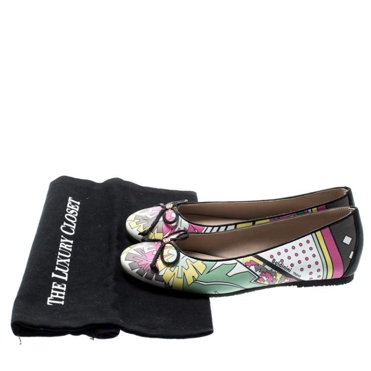 Pre Owned Baldinini Trend Multicolor Printed Leather Bow Ballet Flats Size 36