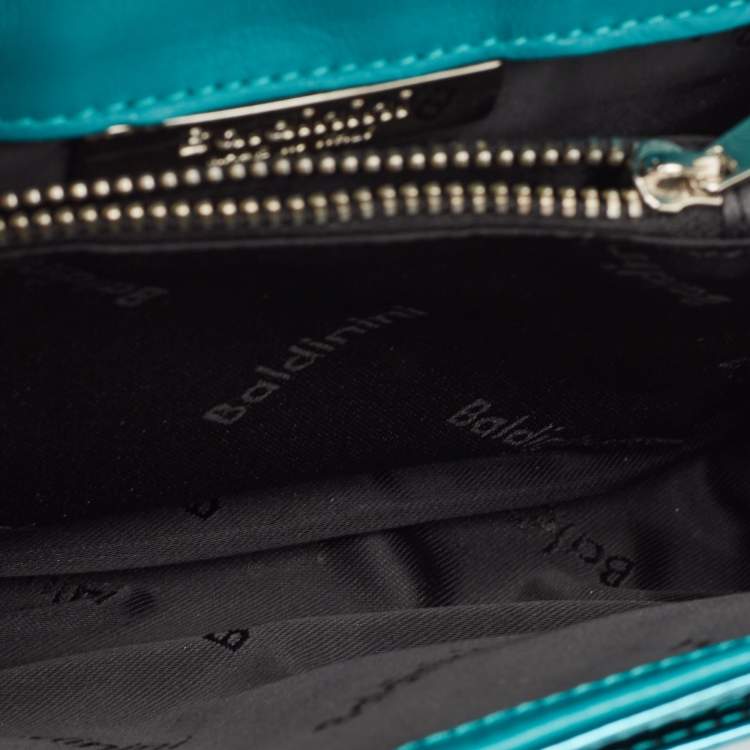 Pre Owned Baldinini Metallic Blue Patent Leather Flap Wristlet Clutch