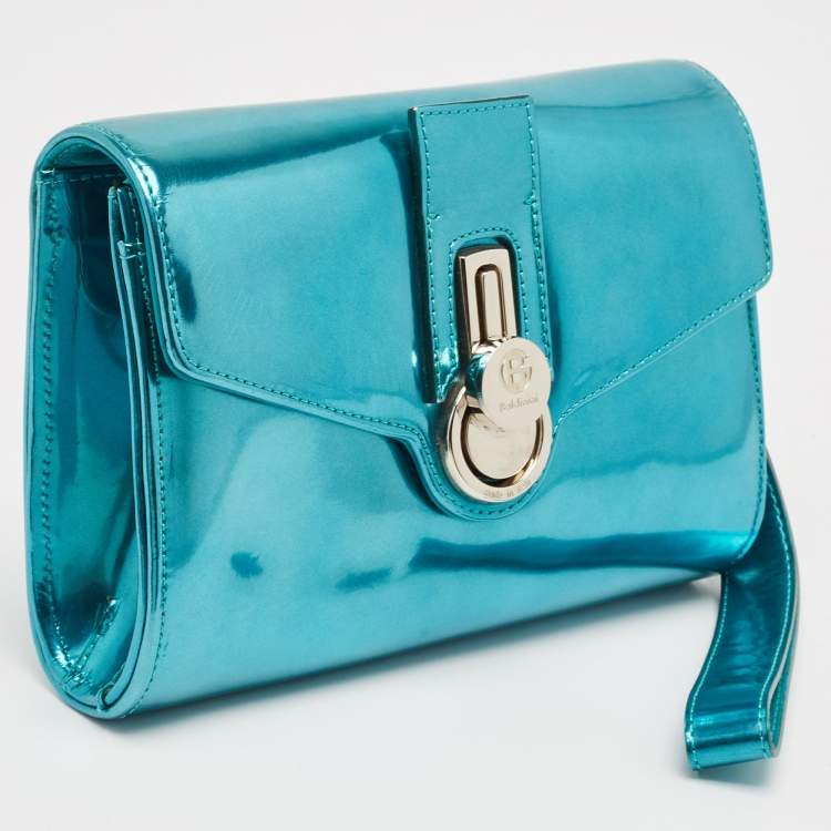 Pre Owned Baldinini Metallic Blue Patent Leather Flap Wristlet Clutch