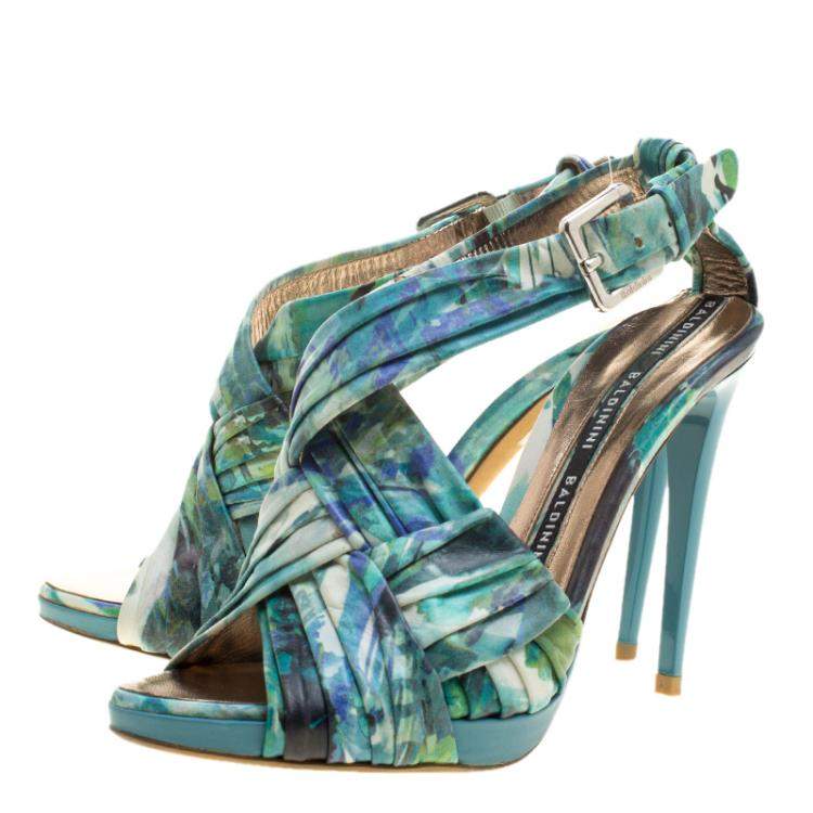 Pre Owned Baldinini Green Floral Print Leather Criss Cross Sandals Size 38
