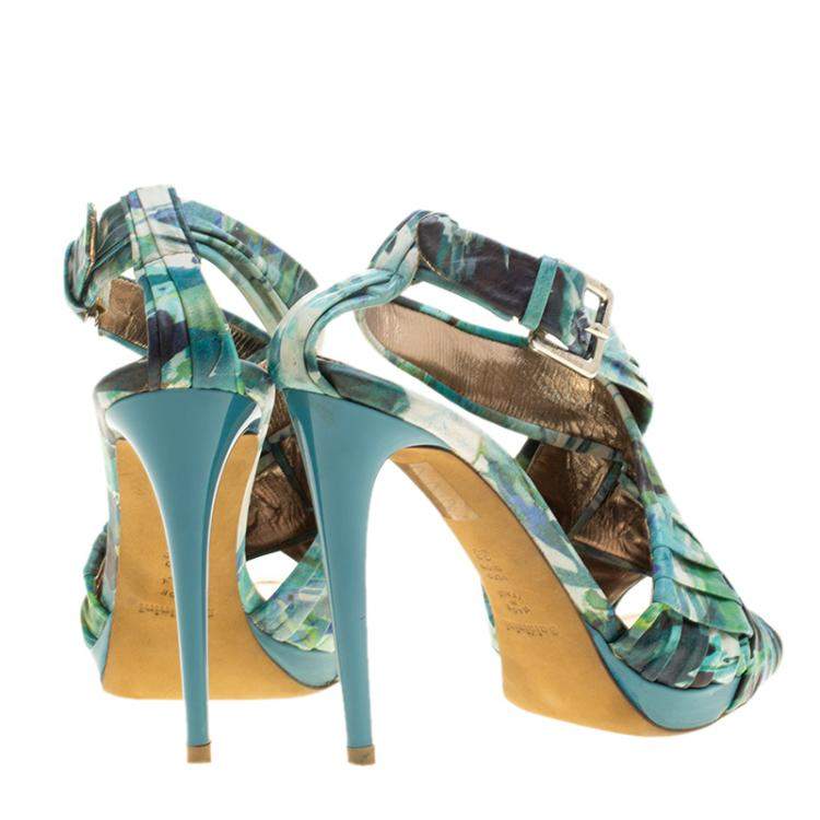 Pre Owned Baldinini Green Floral Print Leather Criss Cross Sandals Size 38