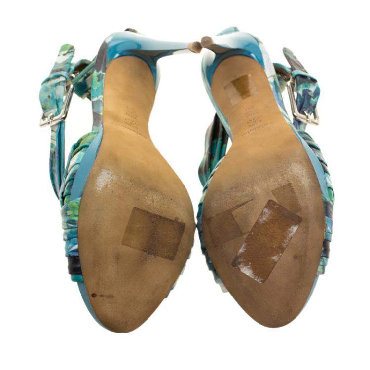 Pre Owned Baldinini Green Floral Print Leather Criss Cross Sandals Size 38