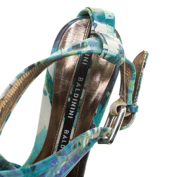 Pre Owned Baldinini Green Floral Print Leather Criss Cross Sandals Size 38