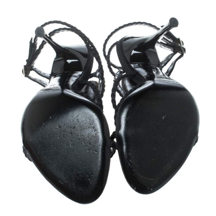 Pre Owned Baldinini Black Braided Satin Crystal Embellished Ankle Strap Sandals Size 36