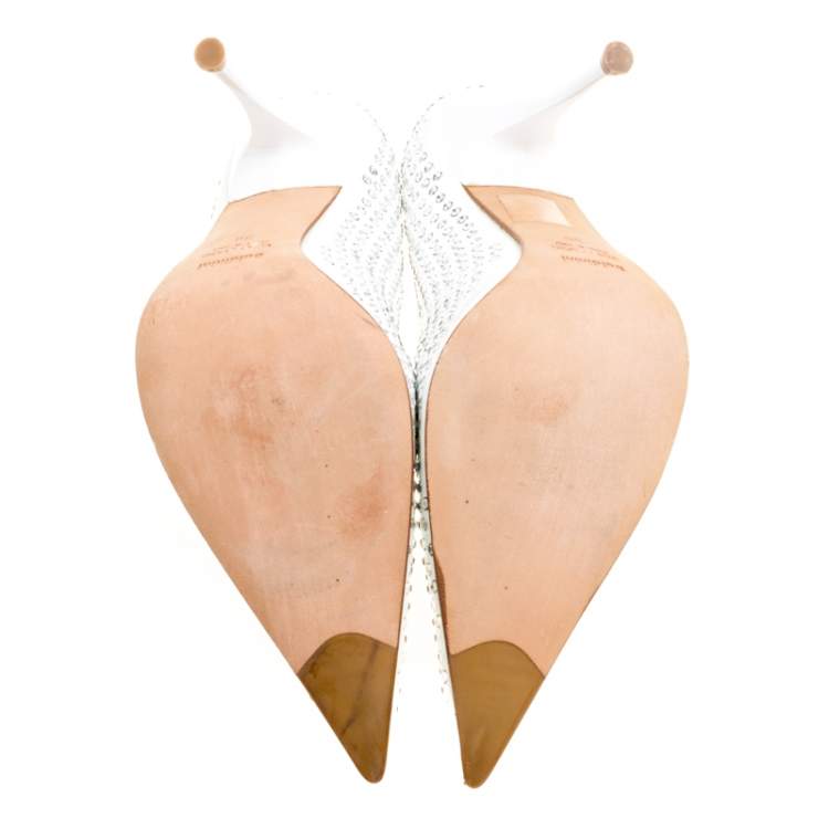 Pre Owned Baldinini White Patent Leather Crystal Embellished Pointed Toe Pumps Size 38