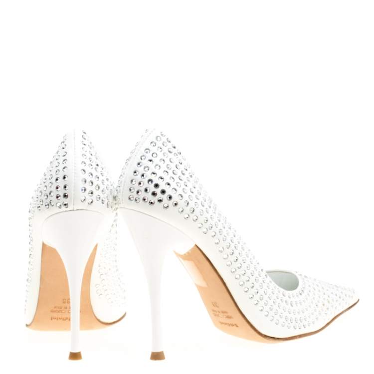 Pre Owned Baldinini White Patent Leather Crystal Embellished Pointed Toe Pumps Size 38