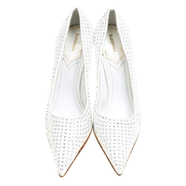 Pre Owned Baldinini White Patent Leather Crystal Embellished Pointed Toe Pumps Size 38