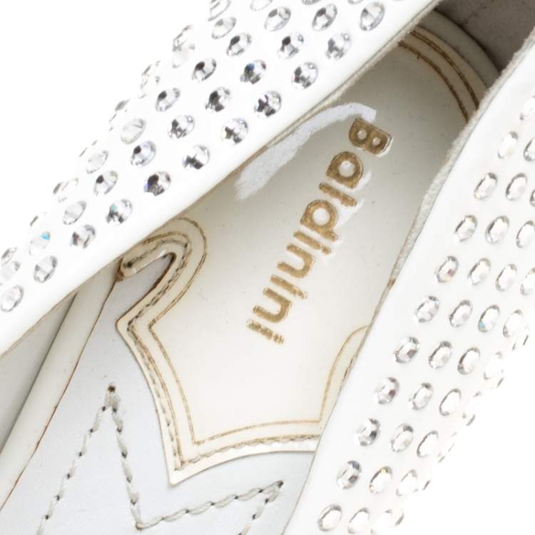 Pre Owned Baldinini White Patent Leather Crystal Embellished Pointed Toe Pumps Size 38