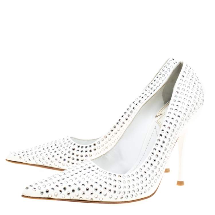 Pre Owned Baldinini White Patent Leather Crystal Embellished Pointed Toe Pumps Size 38
