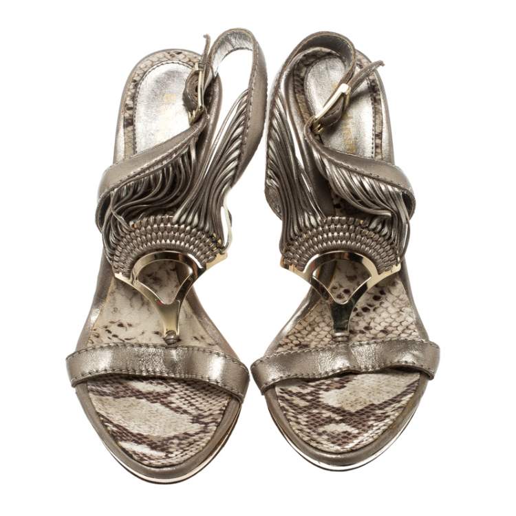 Pre Owned  Baldinini Metallic Grey Strappy Leather Sandals Size 36