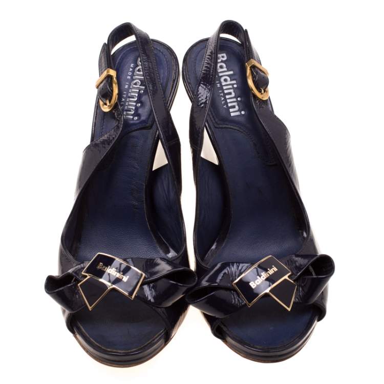 Pre Owned Baldinini Blue Leather Bow Wedge Ankle Strap Sandals Size 37