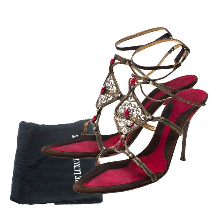 Pre Owned Baldinini Metallic Bronze Metal/Satin Embellished Strappy Sandals Size 40