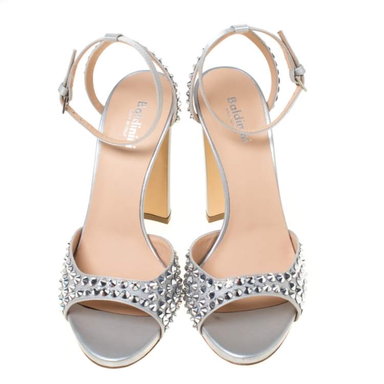 Pre Owned Baldinini Grey Studded Satin Open Toe Slingback Sandal Size 37.5