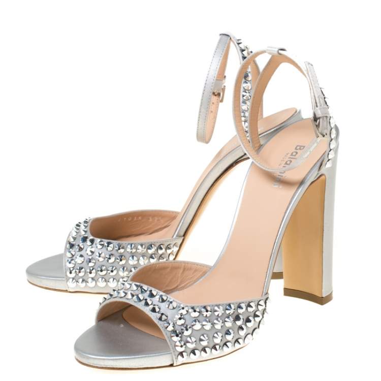 Pre Owned Baldinini Grey Studded Satin Open Toe Slingback Sandal Size 37.5