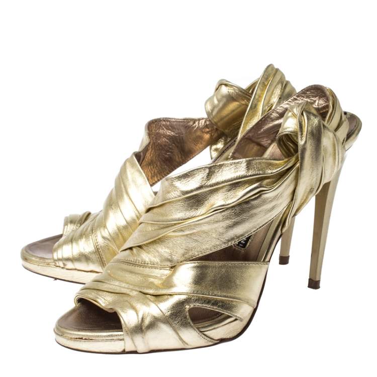 Pre Owned Baldinini Metallic Gold Leather Draped Peep Toe Sandals Size 38