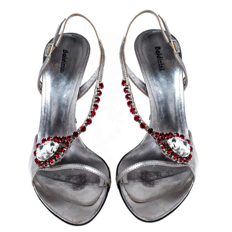 Pre Owned Baldinini Metallic Silver Leather Crystal Embellised Ankle Sandals Size 37