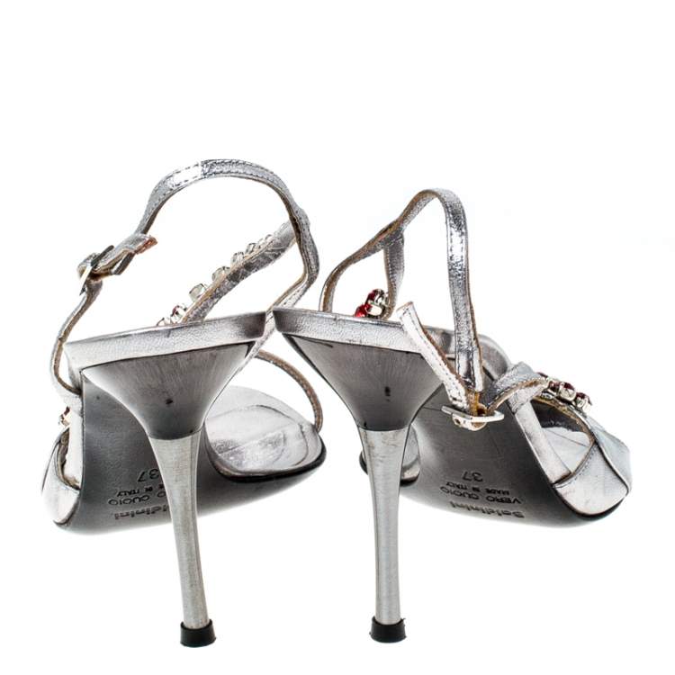 Pre Owned Baldinini Metallic Silver Leather Crystal Embellised Ankle Sandals Size 37
