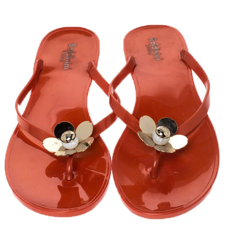 Pre Owned Baldinini Orange Flower Embellished Jelly Thong Flats Size 41