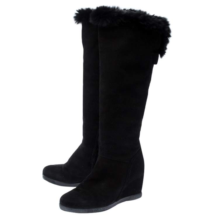 Pre Owned Baldinini Black Suede Wedge Knee Length Boots Size 38.5
