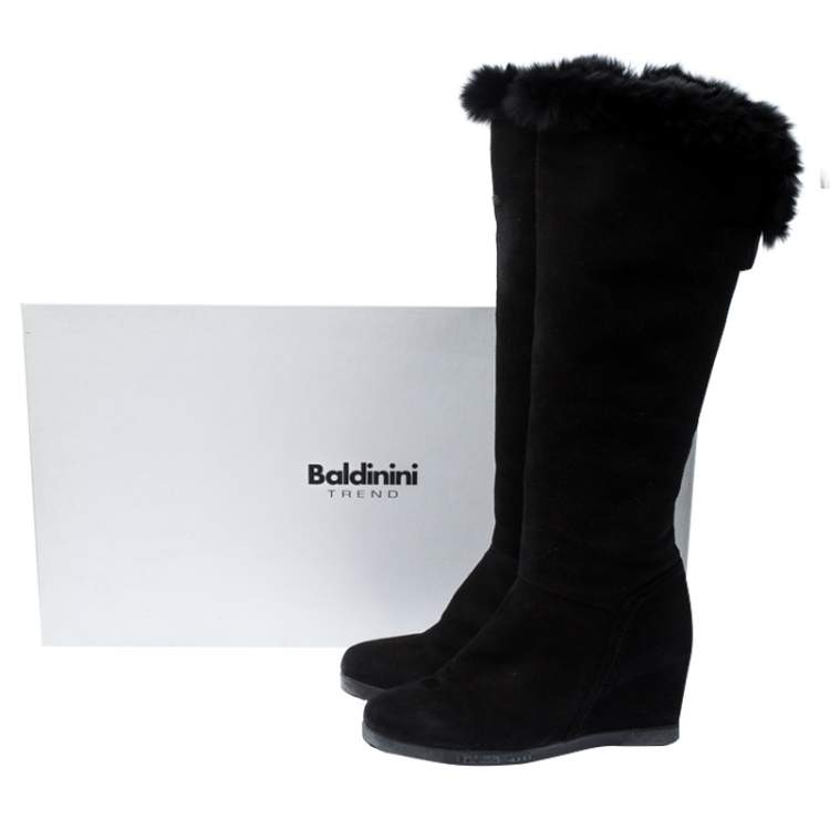 Pre Owned Baldinini Black Suede Wedge Knee Length Boots Size 38.5