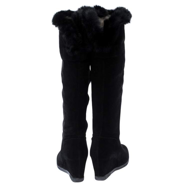 Pre Owned Baldinini Black Suede Wedge Knee Length Boots Size 38.5
