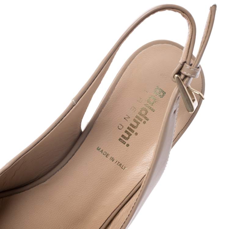Pre Owned Baldinini Beige Leather Wedge Peep Toe Slingback Sandals Size 38.5