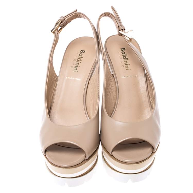 Pre Owned Baldinini Beige Leather Wedge Peep Toe Slingback Sandals Size 38.5