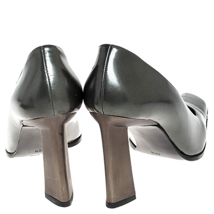 Pre Owned Baldinini Green Leather Slanted Toe Block Heel Pumps Size 40.5
