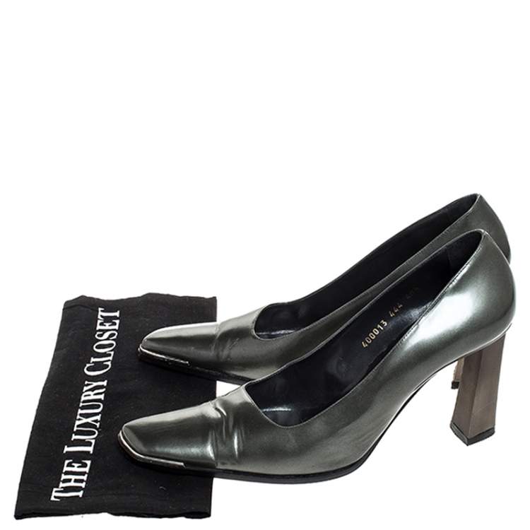 Pre Owned Baldinini Green Leather Slanted Toe Block Heel Pumps Size 40.5