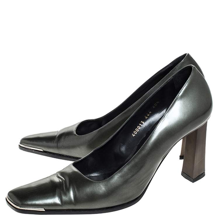 Pre Owned Baldinini Green Leather Slanted Toe Block Heel Pumps Size 40.5